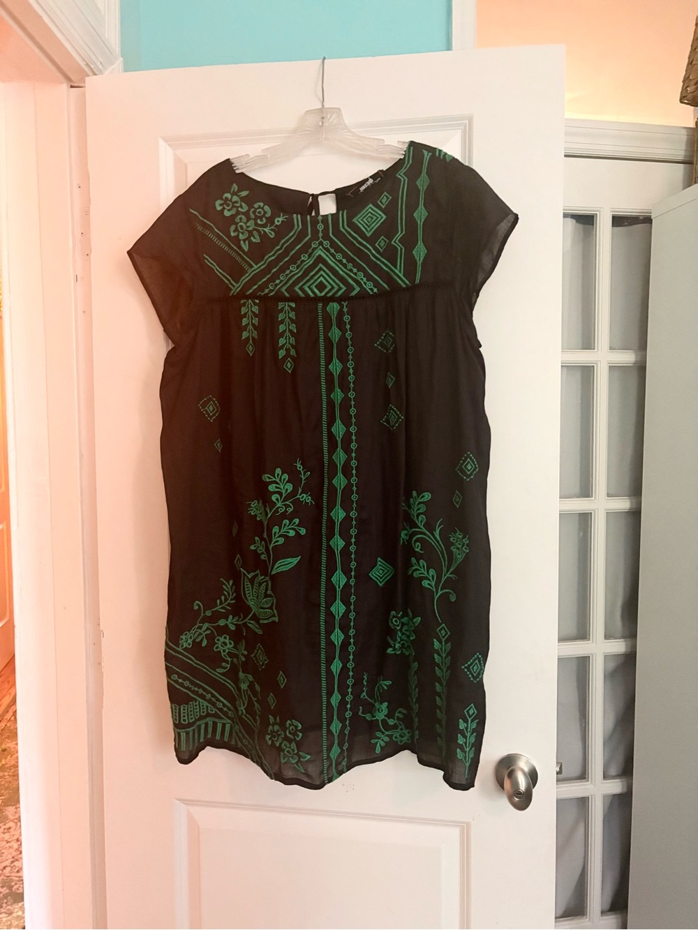 Johnny Was Black Tunic Dress with Green Embroidered Pattern